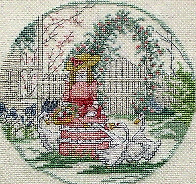 YESTERDAYS CHILDREN cross stitch completed Girl geese garden matted Oak frame