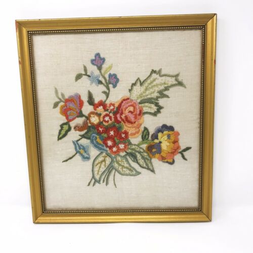 Vintage Embroidered Floral Picture Gold Frame Wall Hanging Flower 15.75 x 14.5