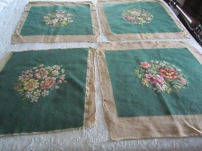 4 Vintage Completed NEEDLEPOINT Floral Bouquets on Green 25