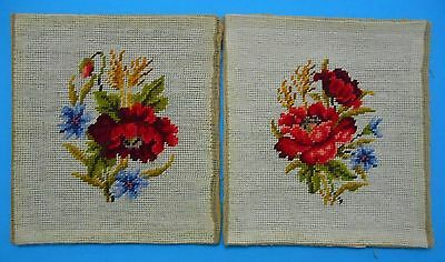 Vintage Red Poppy Floral Matching Set of 2 Completed Needlepoint Poppies Flowers