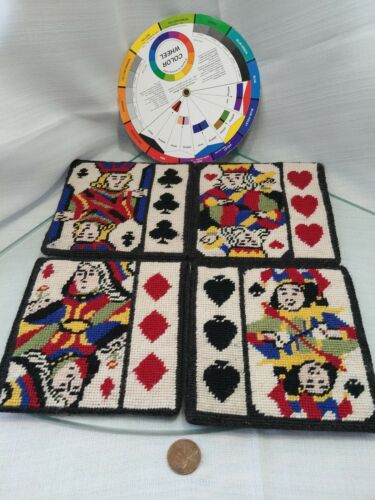 4 Needlepoint Coasters Cards Spades Hearts Clubs Diamonds King Queen Jack Ace