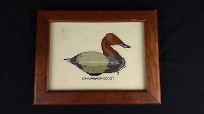 Canvasback Duck Decoy Cross Stitch Framed VINTAGE 1986 Needle Point Wildlife
