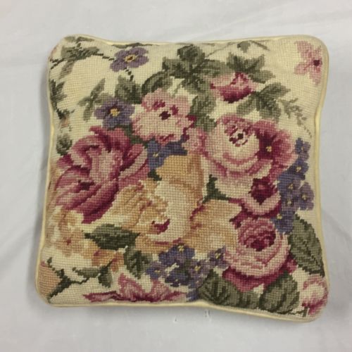 Needlepoint Flower Decorator Pillow 12” Square Pale Cream Velveteen Backing