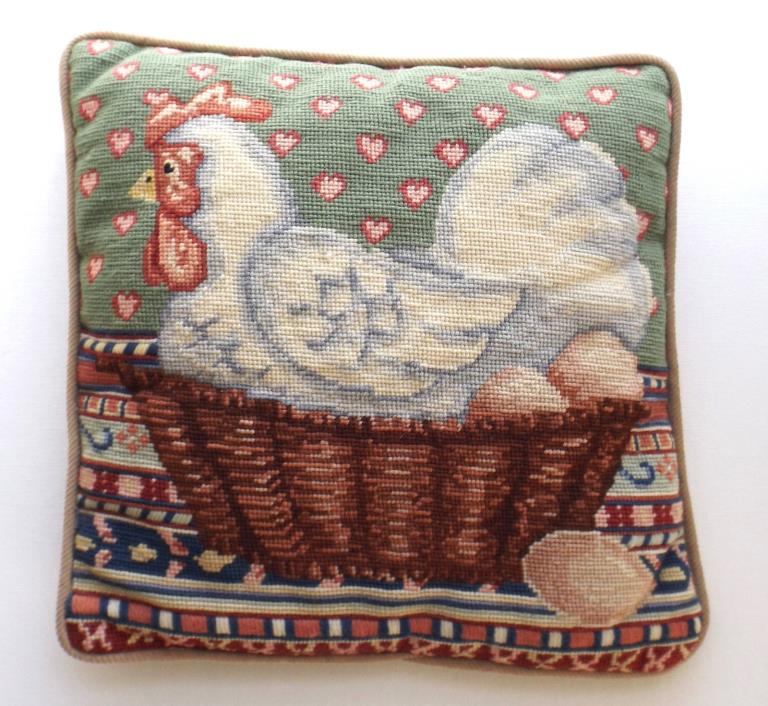 Needlepoint Pillow Hen with Hearts Eggs Basket Hand Made USA 12