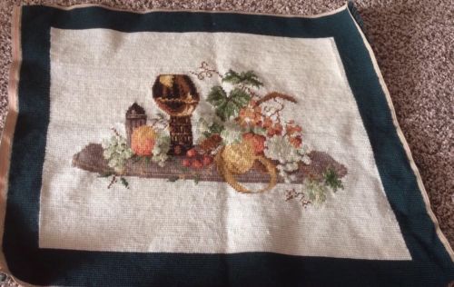 Vintage Needlepoint Finished Still Life Grape Fruit Decanter Chair Cushion Piece