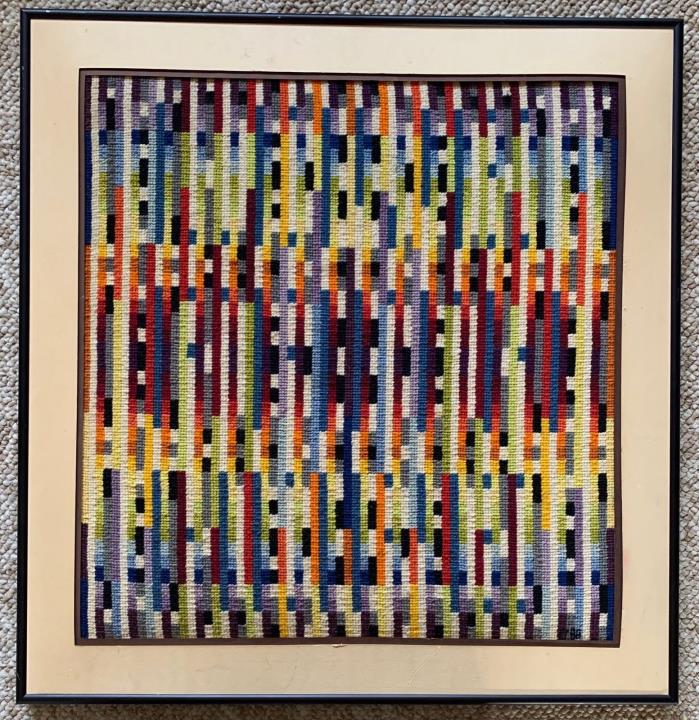 Colorful Vintage 80s Geometric Op Art Needlepoint Textile Wall Hanging Modern