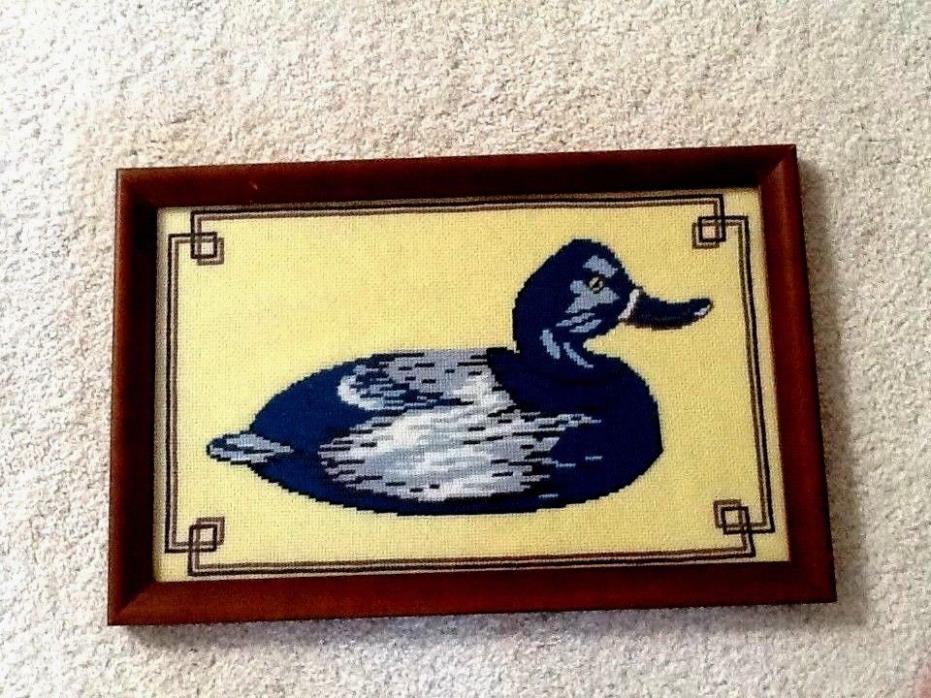 Vintage Handmade Needlepoint Blue Duck Picture framed