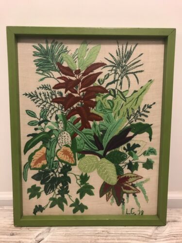 Vintage 1970’s Mid Century Framed Plant Print Embroidered Needlepoint Wall Art