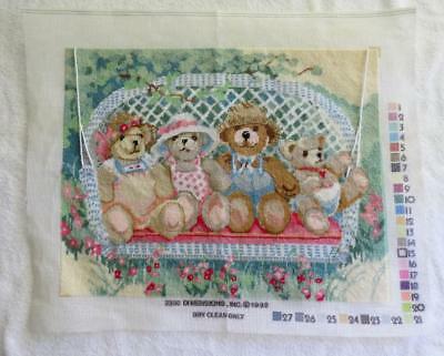 Vtg 1988 Teddy BEARS ON WICKER SWING Handmade Completed Dimensions Needlepoint
