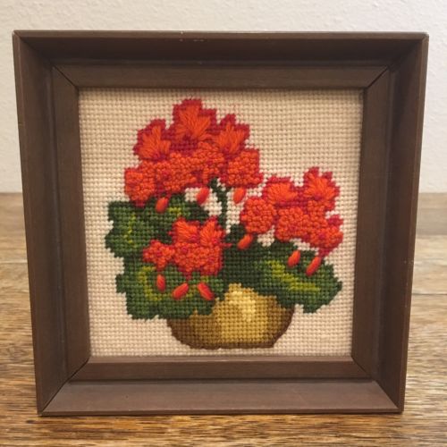 Needlepoint Geraniums Picture Complete Framed Handcrafted Whimsical