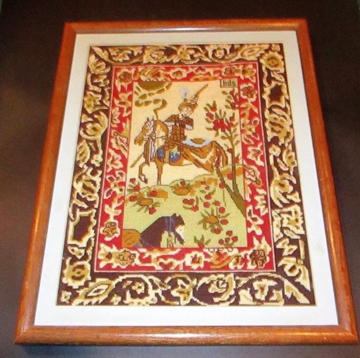 Vintage Persian Needlepoint Tapestry Picture Horse & Rider Signed Framed Prince