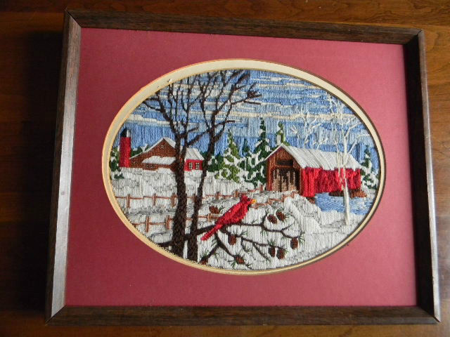 Framed Vintage Crewel Embroidery COUNTRY FARM ON A WINTER DAY Cardinal 13 x 16