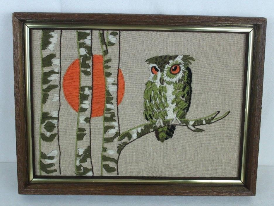 Vtg Needlepoint Picture Owl Moon Tree Woods Framed Embroidery Wool Yarn 10 x 14