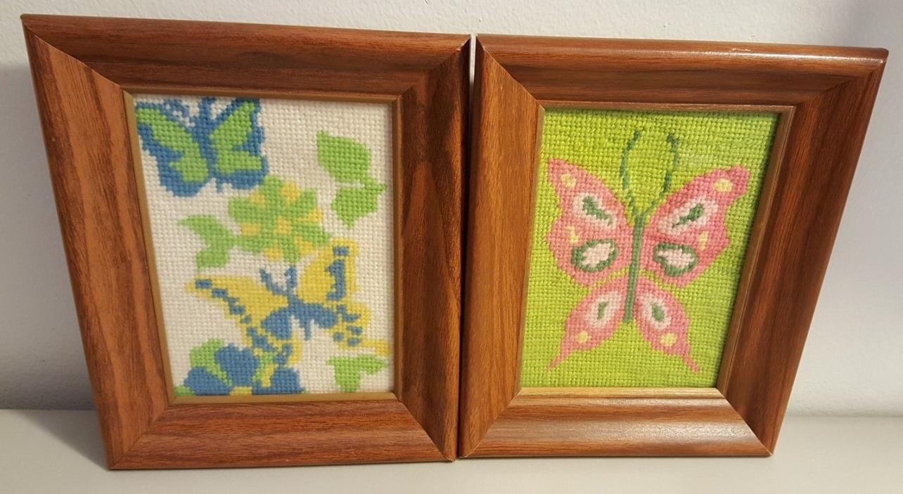 Hand Made Framed Needlepoint -- Set of 2 -- Butterfly Butterflies