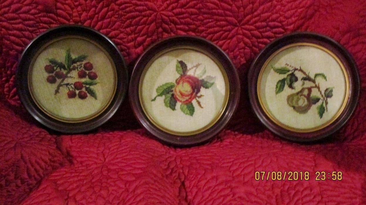 ANTIQUE NEEDLEPOINT FRUIT LOT OF 3  HAND MADE IN ROUND FRAMES WALL PLAQUE