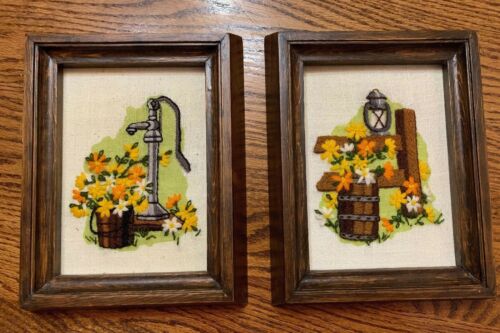 Vintage Hand Embroidered Set of 2 Country Rustic Floral Framed Art Pictures