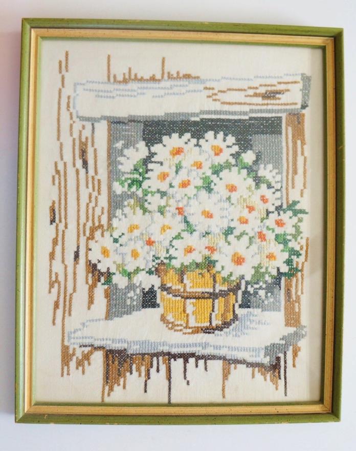 Completed Needlepoint VTG Framed Flowers White Daisies in Windowsill 13' x 16