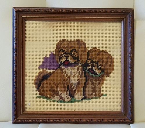 Vintage Completed Needlepoint Small Framed Art 2 dogs Pekingese