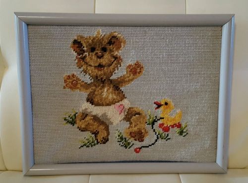 Vintage Completed Needlepoint Needlework Baby Teddy Bear with Ducky nursery deco