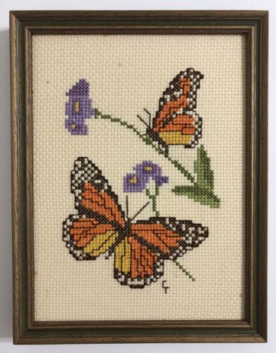 Vintage handmade framed needlepoint petit point of Butterflies Butterfly
