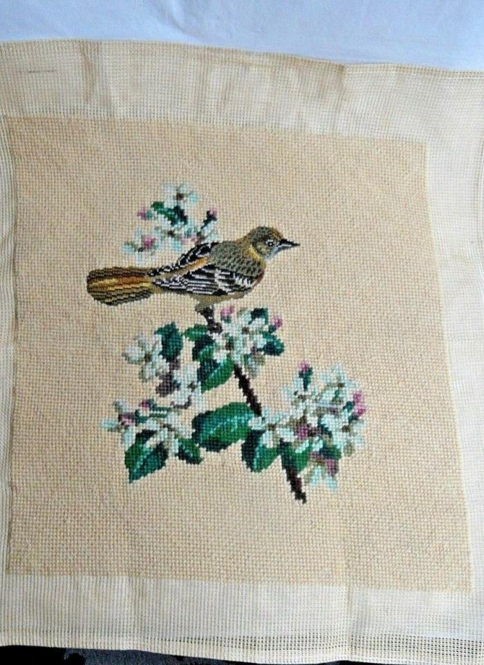 finished needlepoint bird Mockingbird square 13