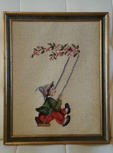 Vintage Completed Needlepoint Custom Framed little boy swinging elf