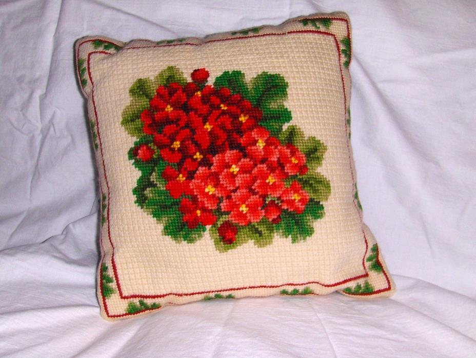 Victorian style needlepoint red flower square pillow velvet back
