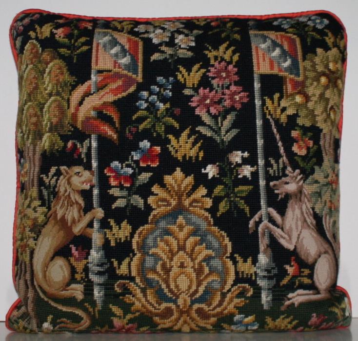 LION and UNICORN Hand Stitched NEEDLEPOINT PILLOW 18