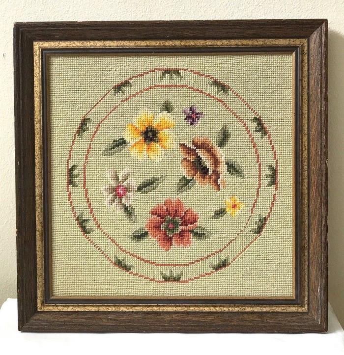 Vintage Needlepoint Tapestry Flower Wreath Cottage Shabby Chic Framed Artwork