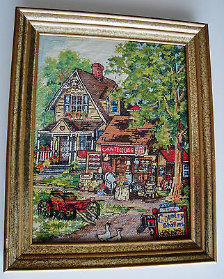 Framed NEEDLEPOINT Picture ~ ANTIQUES Shop & Signage ~ Different Style Stitches
