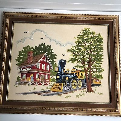 Framed Completed Train Crewel Embroidery Sunset Kit 2483 Country Depot Vintage