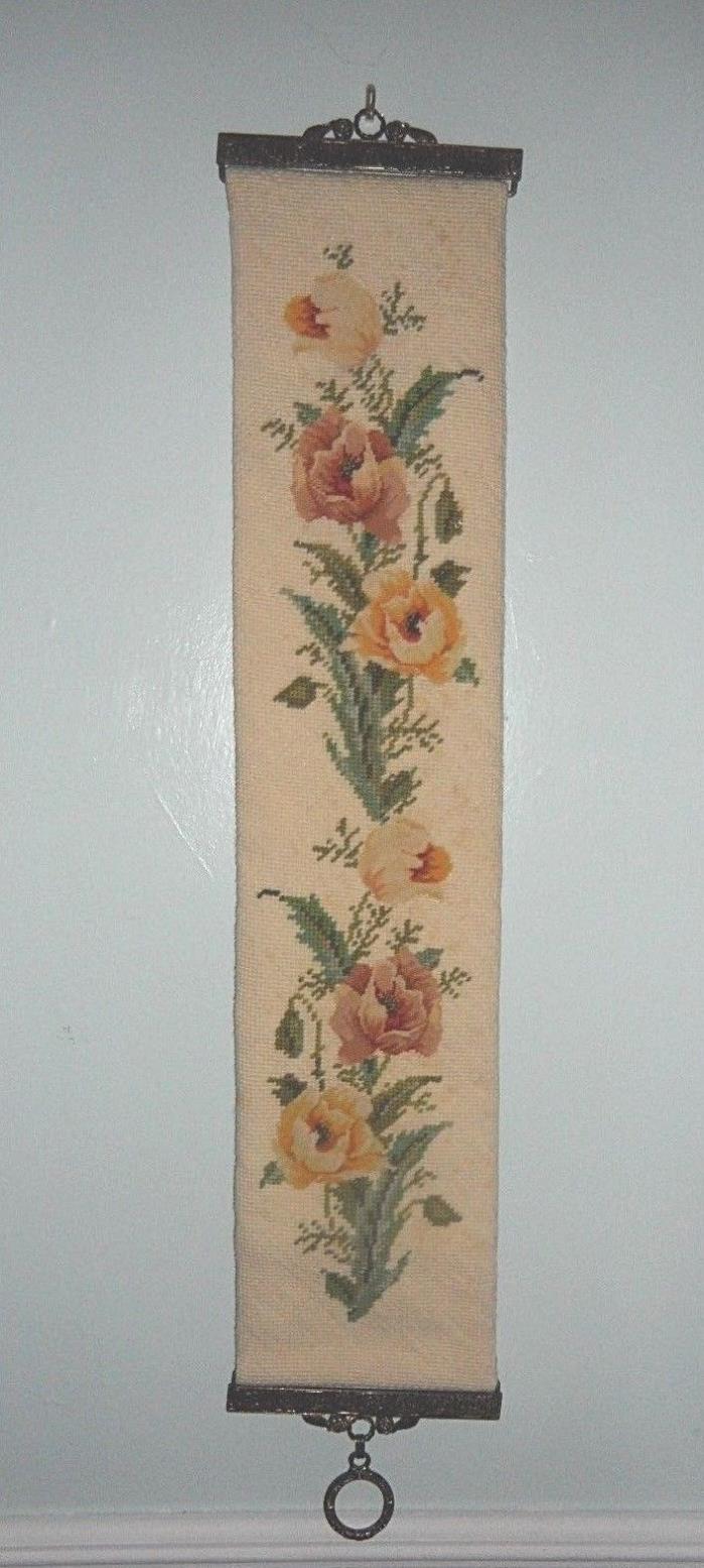vintage finished Needlepoint wall hanging bell pull yellow roses handcrafted