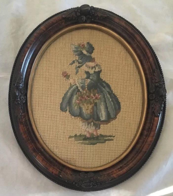 *Antique Oval Beautiful Frame & Needlepoint 12.5” Wall Hanging