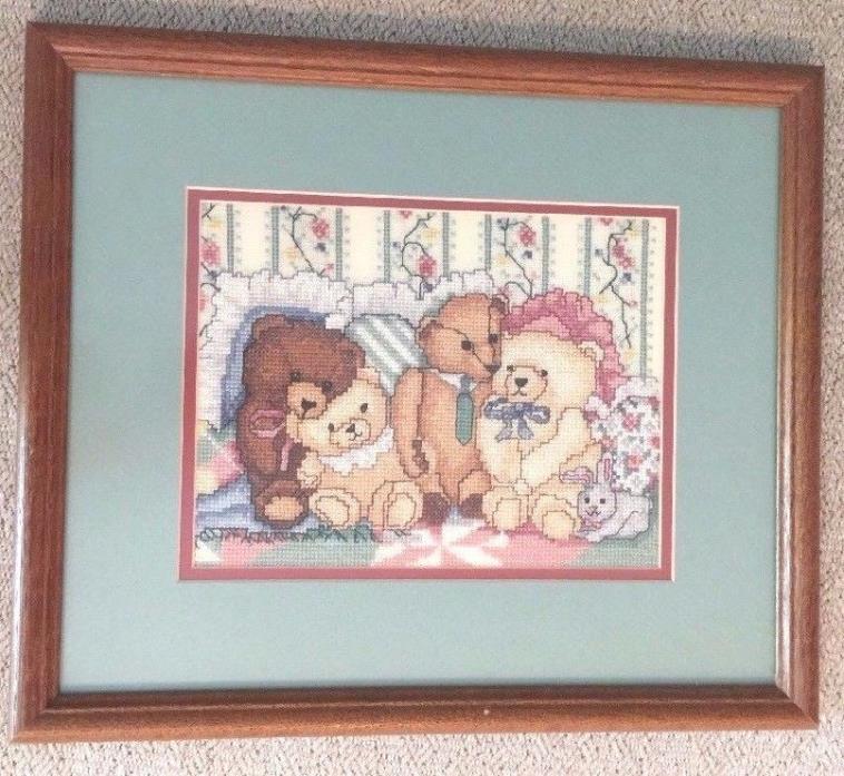 Teddy Bears And Rabbit On Quilt, counted cross stitch, framed glass,