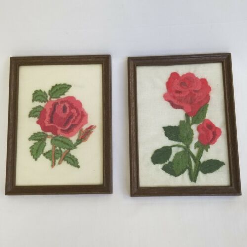 Vintage Needlepoint Roses in Wooden Frames