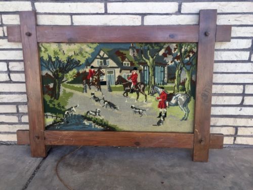 Vtg 15.5x 27 Completed Framed Needlepoint Picture English Fox Hunting Lodge