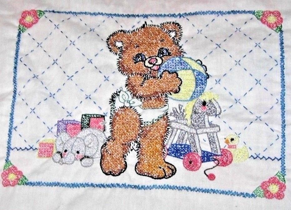 VINTAGE EMBROIDERED NEEDLEPOINT CROSS STITCH TEDDY BEAR PILLOW COVER 13