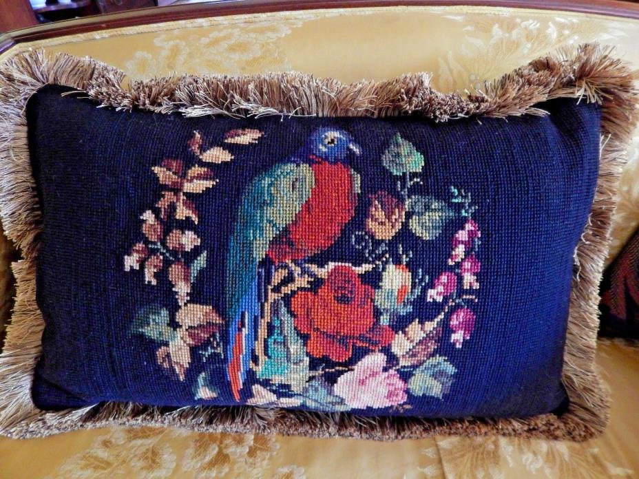 ANTIQUE LARGE NEEDLEPOINT OF A PARROT WITH FLOWERS MADE INTO A FEATHER PILLOW