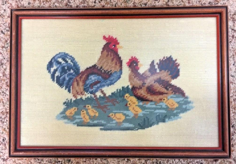 Completed Needlepoint Framed Rooster Chicken Country Chicks Farm Home Decor
