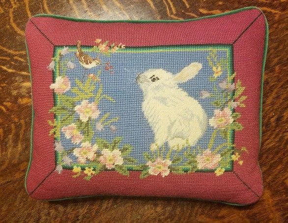 Pair of Needlepoint Pillows - Bunnies, Butterfly, Bird, Flowers - Pastel Colors