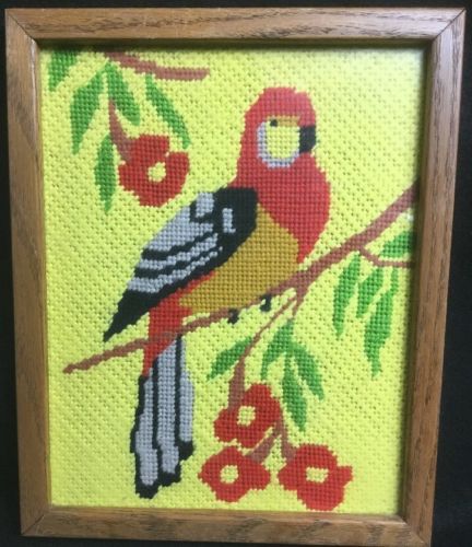 Finished Needlepoint Parrot Tropical Yellow Red Green 8.5x11 Inches Framed