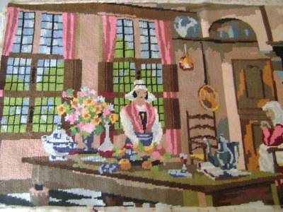 French Estate -Vintage Needlepoint TAPESTRY Women by the Hearth 18x41 Huge