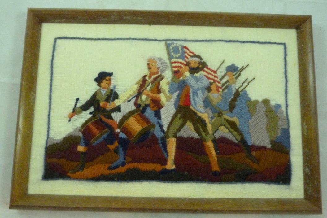 Vintage Paragon Minute Men Patriotic Flag Crewel Framed Needlework Art