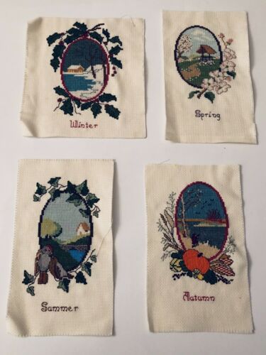 Vintage Four Seasons Petit Point Needlepoint Pictures Ready To Be Framed