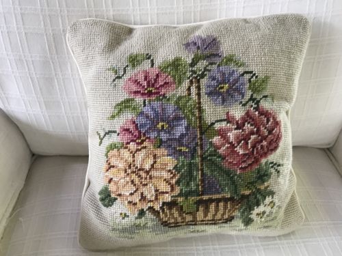 Vintage Needlepoint Pillow With Baskets Of Flowers