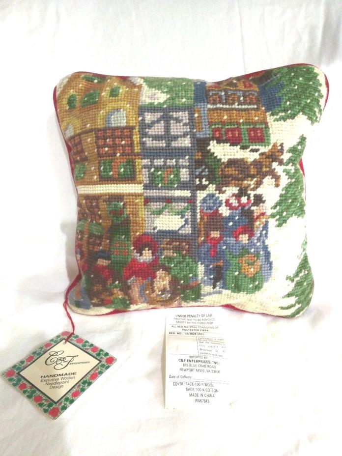 C & F Needlepoint Christmas Village Family Velvet Back Throw Pillow Wool Zip