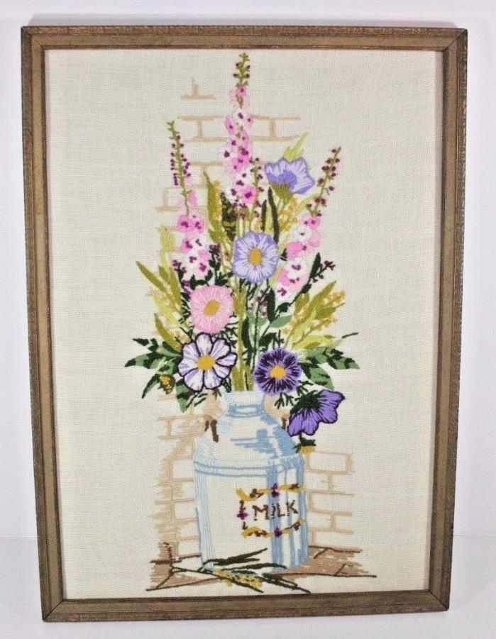 Embroidered Wall Decor Flowers Snap Dragon Petunia Framed 21.25 x 15.25 Vintage