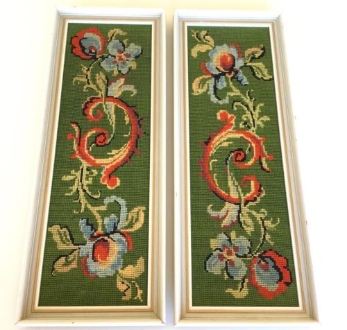 Pair of Framed Vintage Needlepoint Completed Flowers Floral Red Green Blue Swirl