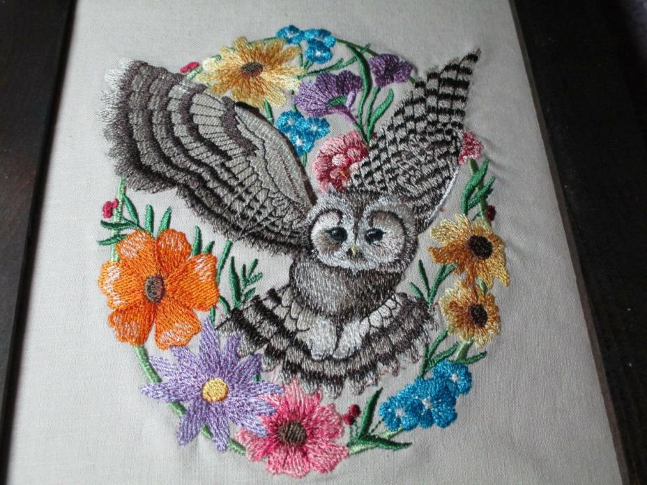 Framed Woodland Whimsey Owl in Floral Oval Machine Embroidery in Barn Wood Frame