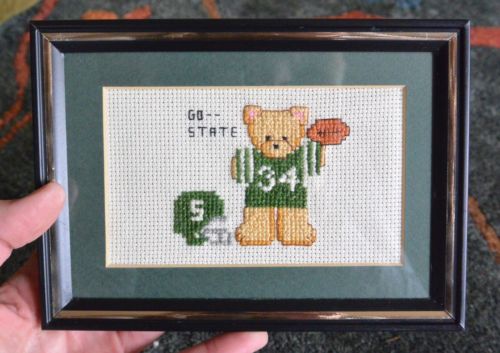 Michigan State MSU Teddy Bear College Football Completed Cross Stitch Art Framed